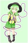  :d absurdres blouse boots fingers_together flying_sweatdrops green_background green_eyes green_hair hat heart heart_of_string highres komeiji_koishi long_hair looking_at_viewer mr.milk_caramel nervous nervous_smile open_mouth pigeon-toed skirt smile solo sweat third_eye touhou wavy_mouth 