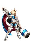  armor blackjd83 blonde_hair boots cannon chung_seiker dual_wielding elsword full_body gauntlets gloves greaves green_eyes gun holding male_focus official_art scarf shooting_guardian_(elsword) solo spiked_hair standing weapon white_background 