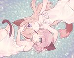  2girls animal_ears aqua_eyes blonde_hair blue_eyes bow cat_ears cat_tail dress eila_ilmatar_juutilainen fox_ears fox_tail long_hair lying multiple_girls okayu_(headless) on_back on_side one_eye_closed sanya_v_litvyak short_hair silver_hair strike_witches tail white_bow white_dress yuri 