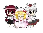  :d ^_^ bad_id bad_pixiv_id barefoot blonde_hair bow chibi closed_eyes hair_bow highres inubashiri_momiji koakuma lily_white long_hair long_sleeves multiple_girls open_mouth red_bow red_hair short_hair smile stage_connection touhou transparent_background white_hair yuasan 
