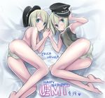  2girls amefre armpits ass bare_legs barefoot blonde_hair blue_eyes bob_cut cameltoe character_name dated erica_hartmann glasses green_panties grin hand_holding happy_birthday hat heart lying multiple_girls on_side panties peaked_cap short_hair siblings sisters siters smile strike_witches topless trefoil twins underwear ursula_hartmann 