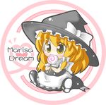  bad_id bad_pixiv_id candy chibi commentary food food_in_mouth hat kirisame_marisa long_hair orange_hair short_sleeves sitting solo touhou witch_hat yuasan 