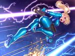  ass blonde_hair blue_eyes bodysuit electricity gun laser long_hair metroid open_mouth ponytail running samus_aran seeker_(shzyu) shiny shiny_clothes solo weapon zero_suit 