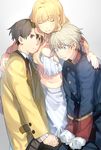  2boys aldnoah.zero aqua_eyes asseylum_vers_allusia bad_id bad_pixiv_id blonde_hair blush boy_sandwich brown_eyes brown_hair kaizuka_inaho kurumiya_hato midriff multiple_boys sandwiched silver_hair slaine_troyard 