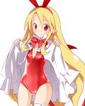  blonde_hair demon_girl detached_sleeves disgaea flonne flonne_(fallen_angel) front_zipper_swimsuit jewelry leotard long_hair meme_attire one-piece_swimsuit pointy_ears red_eyes red_leotard red_swimsuit red_wings ribbon smile solo swimsuit tail wings yuto_(dialique) 