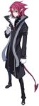  coat disgaea disgaea_d2 expressionless full_body gloves harada_takehito male_focus messy_hair official_art pants pointy_ears red_eyes red_hair shirt shoes solo standing tail white_background white_gloves xenolith 