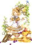  :d bad_id bad_pixiv_id bee bird black_bow blonde_hair blueberry boots bow bracelet brown_footwear brown_hat brown_skirt bug cross-laced_footwear dress eating food food_on_face food_themed_ornament fork frills fruit full_body hat honey insect jar jewelry knee_boots lace-up_boots leaf looking_at_viewer open_mouth original oversized_object pancake personification plate pocketland puffy_short_sleeves puffy_sleeves short_hair short_sleeves sitting skirt smile strawberry wataame27 white_bow yellow_eyes 