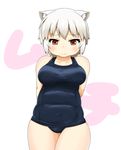  animal_ears arms_behind_back bangs bare_arms bare_shoulders belly blue_swimsuit blush breasts closed_mouth collarbone commentary_request cowboy_shot dot_nose double_chin fat_folds frown furrowed_eyebrows half-closed_eyes hitotsubashi_inari impossible_clothes impossible_swimsuit inubashiri_momiji large_breasts legs_together looking_down old_school_swimsuit one-piece_swimsuit partial_commentary plump red_eyes school_swimsuit short_hair shy simple_background skin_tight solo standing swimsuit thick_thighs thighs touhou translated weight_conscious white_background white_hair wide_hips wolf_ears wolf_girl 