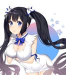  arm_ribbon artist_name bad_id bad_pixiv_id black_hair blue_eyes blue_ribbon blush breast_hold breasts cleavage cleavage_cutout dress dungeon_ni_deai_wo_motomeru_no_wa_machigatteiru_darou_ka eileen_(artist) gloves hair_ornament hair_ribbon hestia_(danmachi) large_breasts leaning_forward long_hair looking_at_viewer rei_no_himo ribbon smile solo twintails very_long_hair white_dress white_gloves 