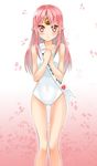  2012 absurdres apple_(elsword) bare_legs blush cherry_blossoms code:_empress_(elsword) elsword eve_(elsword) forehead_jewel gradient gradient_background hands_together highres long_hair one-piece_swimsuit pink_background pink_eyes pink_hair solo standing swimsuit ukeuke white_background white_swimsuit 