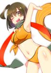  absurdres breasts brown_eyes brown_hair highres hiryuu_(kantai_collection) innertube kantai_collection large_breasts midriff nonomaro one_eye_closed one_side_up scarf short_hair smile solo swimsuit 