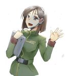  brown_eyes brown_hair female gundam gundam_lost_war_chronicles headset lioh666 military_uniform solo uniform white_background yuki_nakasato 