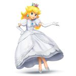  1girl blonde_hair blue_eyes crown dress earrings elbow_gloves gloves jewelry looking_at_viewer mario_(series) official_art photoshop princess_peach super_mario_bros. super_smash_bros. thick_lips 