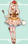  aqua_background argyle argyle_legwear bag blonde_hair bow bowtie brown_bow cake corset dress earrings flower food food_themed_clothes fork fruit gem gloves hairband handbag hat highres jewelry katagiri_hachigou long_hair original pantyhose personification pocketland red_eyes rose solo strawberry strawberry_shortcake white_hair yellow_bow 