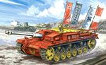  cannon caterpillar_tracks cloud cloudy_sky day driving girls_und_panzer ground_vehicle military military_vehicle motor_vehicle no_humans outdoors panzerkampfwagen_38(t) panzerkampfwagen_iv sashimono sdkfz221 sky sturmgeschutz_iii tank tank_focus turretless_tank 