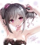  adjusting_hair armpits arms_up bad_id bad_pixiv_id black_towel blush breasts cleavage grey_hair hair_tie highres idolmaster idolmaster_cinderella_girls kanzaki_ranko large_breasts looking_at_viewer mouth_hold naked_towel print_towel purple_eyes simple_background smile solo towel tsukigami_runa tying_hair upper_body wet white_background 