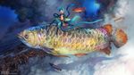  aqua_hair arm_support arowana artist_name cloud commentary_request fish floating horns male_focus original pointy_ears sitting solo watermark web_address yi_lee 