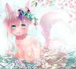  ahoge animal_ears ass blush breasts cherry_blossoms didi_amen fang fox_ears fox_tail green_eyes hair_ornament large_breasts long_hair mouth_hold nipples nude original partially_submerged petals pink_hair solo tail water 