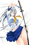  1girl breasts chouun_shiryuu cosplay costume female green_eyes ikkitousen katana large_breasts long_hair miniskirt ryuubi_gentoku_(cosplay) short_skirt skirt solo standing sword weapon white_hair 