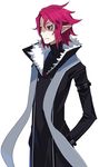  coat disgaea disgaea_d2 expressionless hand_in_pocket harada_takehito male_focus messy_hair official_art pointy_ears red_eyes red_hair scarf shirt solo upper_body white_background xenolith 
