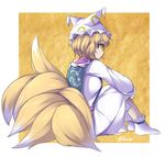  animal_ears blonde_hair dress expressionless fox_ears fox_tail from_behind fun_bo hat kitsune mob_cap multiple_tails short_hair signature sitting socks solo tabard tail touhou twitter_username yakumo_ran yellow_eyes 