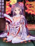  amami_amayu autumn_leaves breasts cleavage detached_collar fan flower garter_straps hair_flower hair_ornament japanese_clothes jewelry kimono large_breasts leaf long_hair looking_at_viewer necklace open_mouth original purple_eyes purple_hair sengoku_taisen sitting solo tantou tatami thighhighs wariza weapon white_legwear 