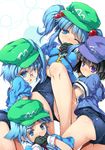  alternate_costume ass black_gloves black_hair blue_eyes blue_hair blue_shirt breasts chima_q colored_eyelashes covered_nipples covering_mouth dark_haired_kappa glasses_kappa gloves hair_bobbles hair_ornament hair_tie_kappa hat highres kappa_mob kawashiro_nitori key looking_at_viewer medium_breasts multiple_girls one-piece_swimsuit one_eye_closed school_swimsuit shirt short_hair short_twintails side_ponytail smile swimsuit thighs touhou twintails two_side_up 