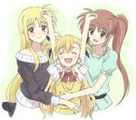  :d ^_^ ^o^ arms_up bare_shoulders blonde_hair blush bow bowtie closed_eyes collarbone fate_testarossa girl_sandwich hair_ribbon happy kannari long_hair lyrical_nanoha mahou_shoujo_lyrical_nanoha mahou_shoujo_lyrical_nanoha_vivid mother_and_daughter multiple_girls off-shoulder_sweater open_mouth ponytail red_bow red_neckwear ribbon sandwiched school_uniform side_ponytail smile st._hilde_academy_of_magic_uniform sweater takamachi_nanoha twintails vivio 