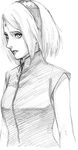  1girl black_&amp;_white facial_mark forehead_mark hairband haruno_sakura kishimoto_masashi naruto official_art sketch sleeveless solo upper_body zipper 