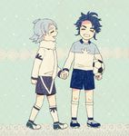  ball blue_hair blush closed_eyes commentary_request fubuki_shirou full_body grin hakuren holding_hands inazuma_eleven inazuma_eleven_(series) inazuma_eleven_go konika male_focus multiple_boys open_mouth scarf smile soccer_ball soccer_uniform sportswear standing telstar time_paradox walking yukimura_hyouga 