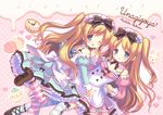  :3 artist_name blonde_hair blue_legwear blush bunny dress frilled_dress frills heart holding_hands kettle maid_headdress multiple_girls one_eye_closed open_mouth original pink_legwear sakura_puchirou siblings sisters smile thighhighs twins twintails 