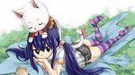 ass blue_hair brown_eyes cat charle_(fairy_tail) end_card fairy_tail hair_ornament long_hair looking_at_viewer lying mashima_hiro non-web_source official_art on_head on_stomach screencap shorts sleeping striped striped_legwear thighhighs twintails wendy_marvell 