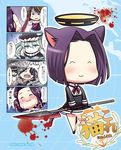  ^_^ animal_ears arms_up bad_id bad_pixiv_id blood blood_splatter blue_eyes cat_ears cat_tail chibi closed_eyes comic eating glaive hair_intakes kantai_collection kemonomimi_mode machinicalis maya_(kantai_collection) mechanical_halo multiple_girls purple_hair shinkaisei-kan tail tatsuta_(kantai_collection) tears tenryuu_(kantai_collection) translation_request wo-class_aircraft_carrier 