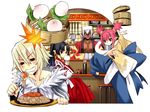  2girls black_hair blonde_hair blue_bow bow collarbone dark_skin disgaea disgaea_d2 eating female_brawler_(disgaea) food fork fujita_kaori fur_trim kitchen ladle long_hair male_angel_(disgaea) male_brawler_(disgaea) multiple_boys multiple_girls noodles official_art plate pointy_ears ponytail red_hair ronin_(disgaea) short_hair throwing twintails white_hair 