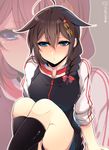  ahoge alternate_costume blue_eyes blush braid brown_hair hair_ornament hair_over_shoulder jersey kantai_collection shigure_(kantai_collection) shisei_(kyuushoku_banchou) single_braid solo twitter_username 