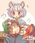  2girls :3 animal_ears brown_hair cat_ears cat_tail chen closed_eyes closed_mouth commentary grey_hair hat ibaraki_natou jewelry lying_on_lap mob_cap mouse_ears mouse_tail multiple_girls multiple_tails nazrin nekomata short_hair single_earring tail touhou twitter_username two_tails 