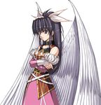  angel_wings black_hair bow choker crossed_arms dress expressionless grey_eyes growlanser growlanser_i hair_bow long_hair lowres melphie official_art pink_dress ponytail solo upper_body urushihara_satoshi white_background white_bow white_wings wings 