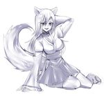  animal_ears blush breasts cleavage collar detached_sleeves fox_ears fox_tail japanese_clothes kisumi kitsune large_breasts long_hair looking_at_viewer miko monochrome open_mouth original robe ryairyai sandals sketch skirt smile solo tail thighhighs 