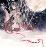  black_eyes full_moon houraisan_kaguya japanese_clothes kimono long_hair moon red_ribbon ribbon shiratsuyu sitting snowing solo touhou traditional_media very_long_hair watercolor_(medium) 