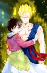  1girl abs angry black_hair blonde_hair blood blood_on_face blue_eyes couple dougi dragon_ball dragon_ball_z highres injury muraosa_(conjecture) muscle one-armed_hug short_hair son_gohan spiked_hair super_saiyan videl 