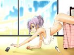  bare_shoulders bed blue_eyes breasts camisole caooll cellphone derivative_work hanging_breasts hitachi_magic_wand large_breasts lazy league_of_legends midriff navel panties phone ponytail purple_hair riven_(league_of_legends) short_hair smartphone solo tank_top thighs top-down_bottom-up underwear underwear_only vibrator white_panties 