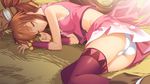  1girl ass breasts brown_hair eyes_closed game_cg highres japanese_clothes legs long_hair lying mask midriff on_side panties ponytail sengoku_hime sengoku_hime_6 skirt sleeping small_breasts solo thighs underwear white_panties 