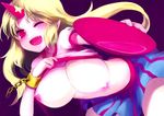  alcohol blonde_hair blush breasts chain cup fang fixed highres horn hoshiguma_yuugi itou_life jpeg_artifacts large_breasts long_hair looking_at_viewer midriff navel nipples non-web_source one_eye_closed oni pointy_ears red_eyes sakazuki sake scan shirt shirt_pull short_sleeves simple_background skirt smile solo star textless touhou 