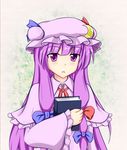  blue_ribbon book crescent hair_ribbon hat hyoumon_(saihokutan) long_hair long_sleeves pajamas patchouli_knowledge pillow_hat purple_eyes purple_hair red_ribbon ribbon solo touhou 