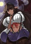  breasts brown_hair dark_skin demon_girl demon_horn demon_tail finger_to_face hat highres horn huge_breasts long_hair looking_at_viewer navel original pantyhose pointy_ears purple_eyes skirt smile solo souren suspenders tail tan thighs very_long_hair 