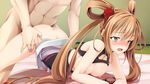  1girl all_fours areolae ass blonde_hair blush bottomless breasts clothed_female_nude_male futon game_cg highres large_breasts legs long_hair looking_away nipples no_bra no_panties open_mouth sengoku_hime sengoku_hime_6 sex shirt_lift solo_focus tears thighs twintails vaginal yellow_eyes 