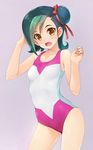  breasts green_hair hair_bun highres mizuki_kotori_(yuu-gi-ou_zexal) multicolored_hair one-piece_swimsuit ribbon school_swimsuit short_hair small_breasts solo swimsuit two-tone_hair wacchi yuu-gi-ou yuu-gi-ou_zexal 