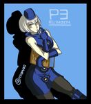  bare_shoulders black_legwear blue_dress book boots dress elizabeth_(persona) gloves hat knee_boots lips pantyhose persona persona_3 runaway_canvas short_hair silver_hair solo yellow_eyes 