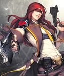  alternate_costume belt boots card_(medium) chaos_online dual_wielding gun handgun holding long_hair looking_at_viewer love_cacao male_focus official_art parted_lips purple_eyes red_hair solo sunglasses weapon zerdin 