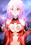  against_fourth_wall against_glass bare_shoulders blush breast_press breasts breasts_on_glass center_opening cleavage detached_sleeves elbow_gloves fingerless_gloves fourth_wall ggininder gloves guilty_crown hair_ornament hairclip long_hair looking_at_viewer medium_breasts navel pink_hair red_eyes solo twintails yuzuriha_inori 